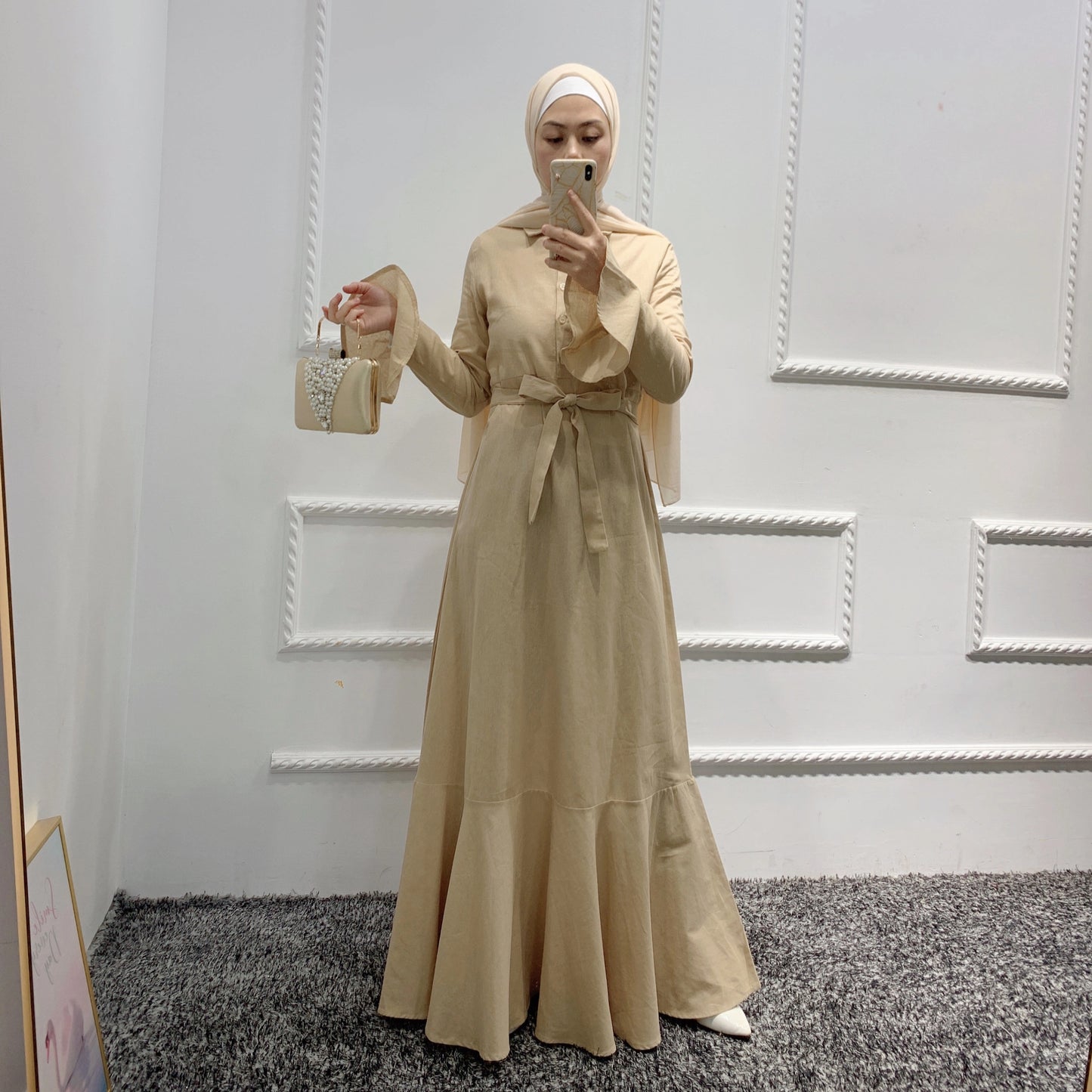 Ruffled Linen Modest Dress with Belt Maxi Abaya Dress Canada