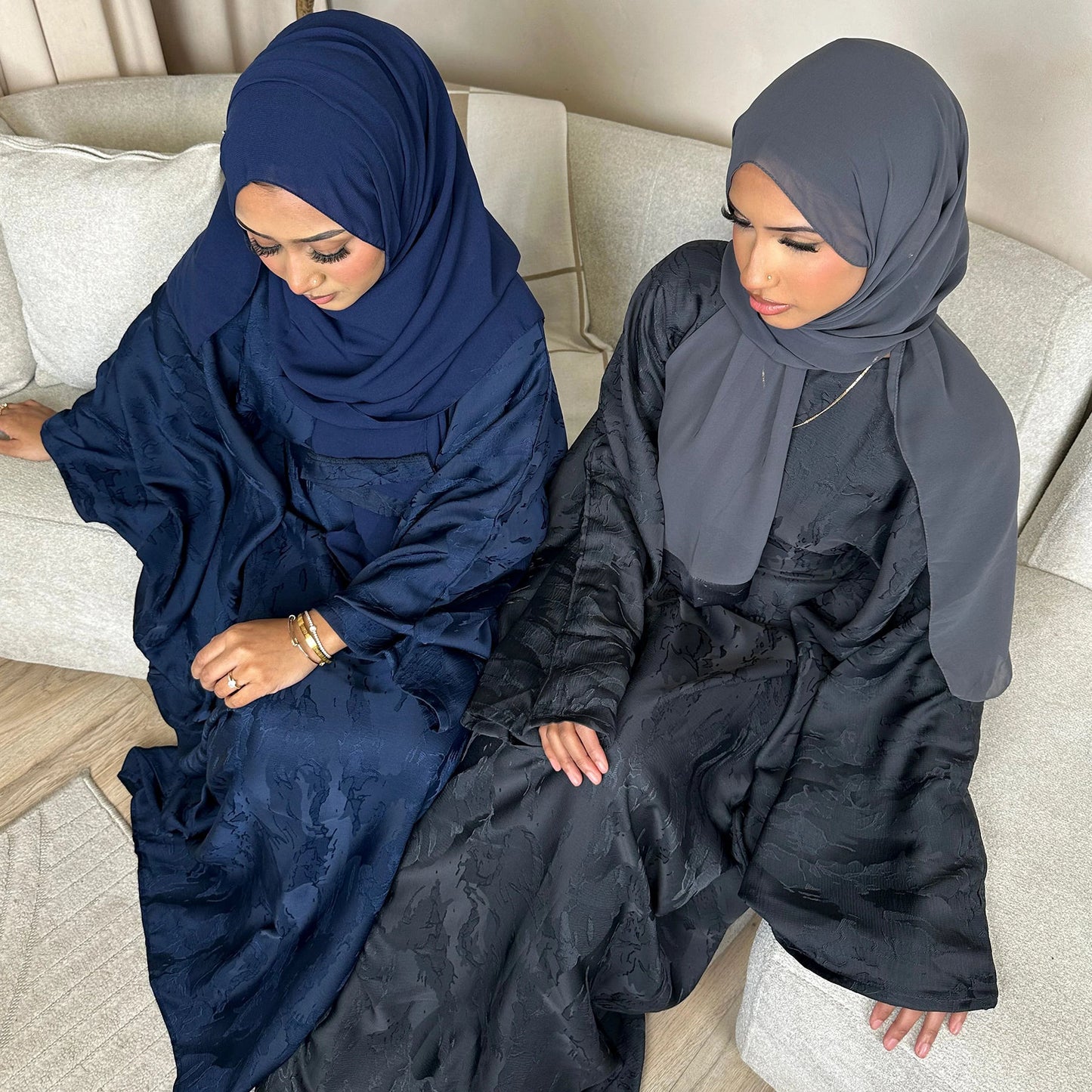 Satin Kaftan Blue Abaya – Elegant Modest Dress with Matching Hijab