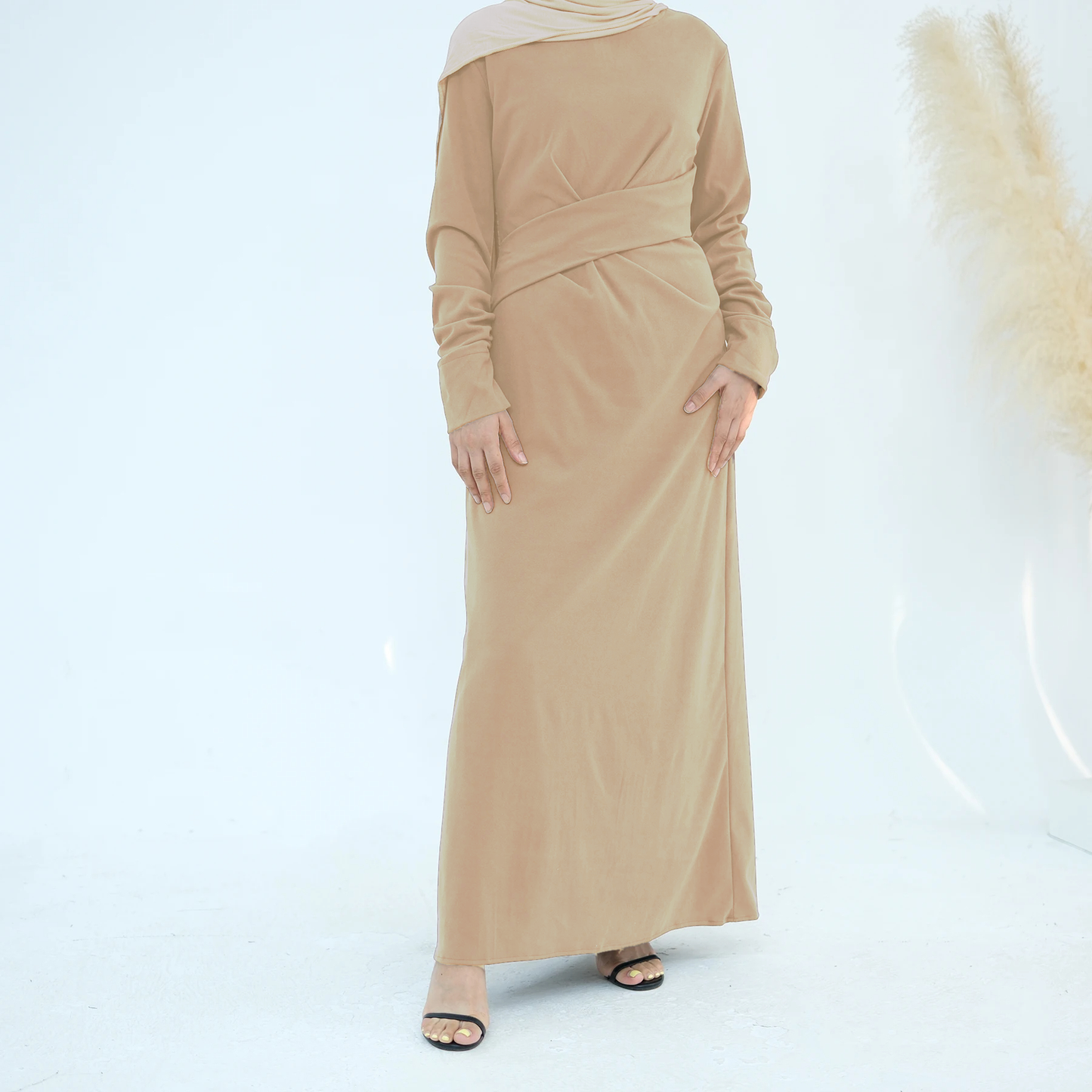 Velvet Maxi dress Modest Elegance with Belt Split Sleeve Cuffs