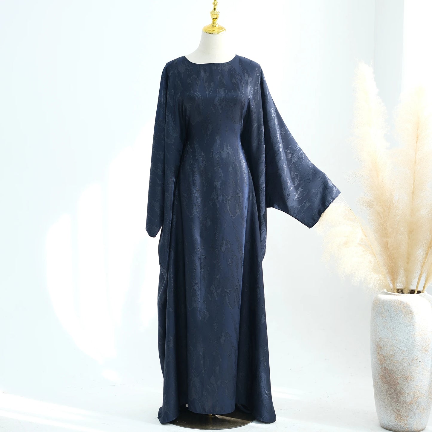 Satin Kaftan Blue Abaya – Elegant Modest Dress with Matching Hijab