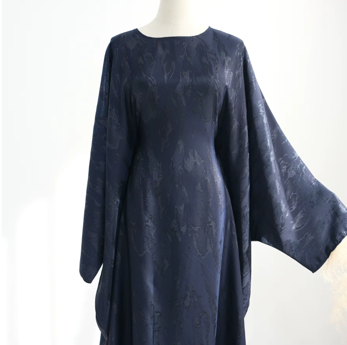 Satin Kaftan Blue Abaya – Elegant Modest Dress with Matching Hijab