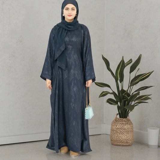 Satin Kaftan Blue Abaya – Elegant Modest Dress with Matching Hijab