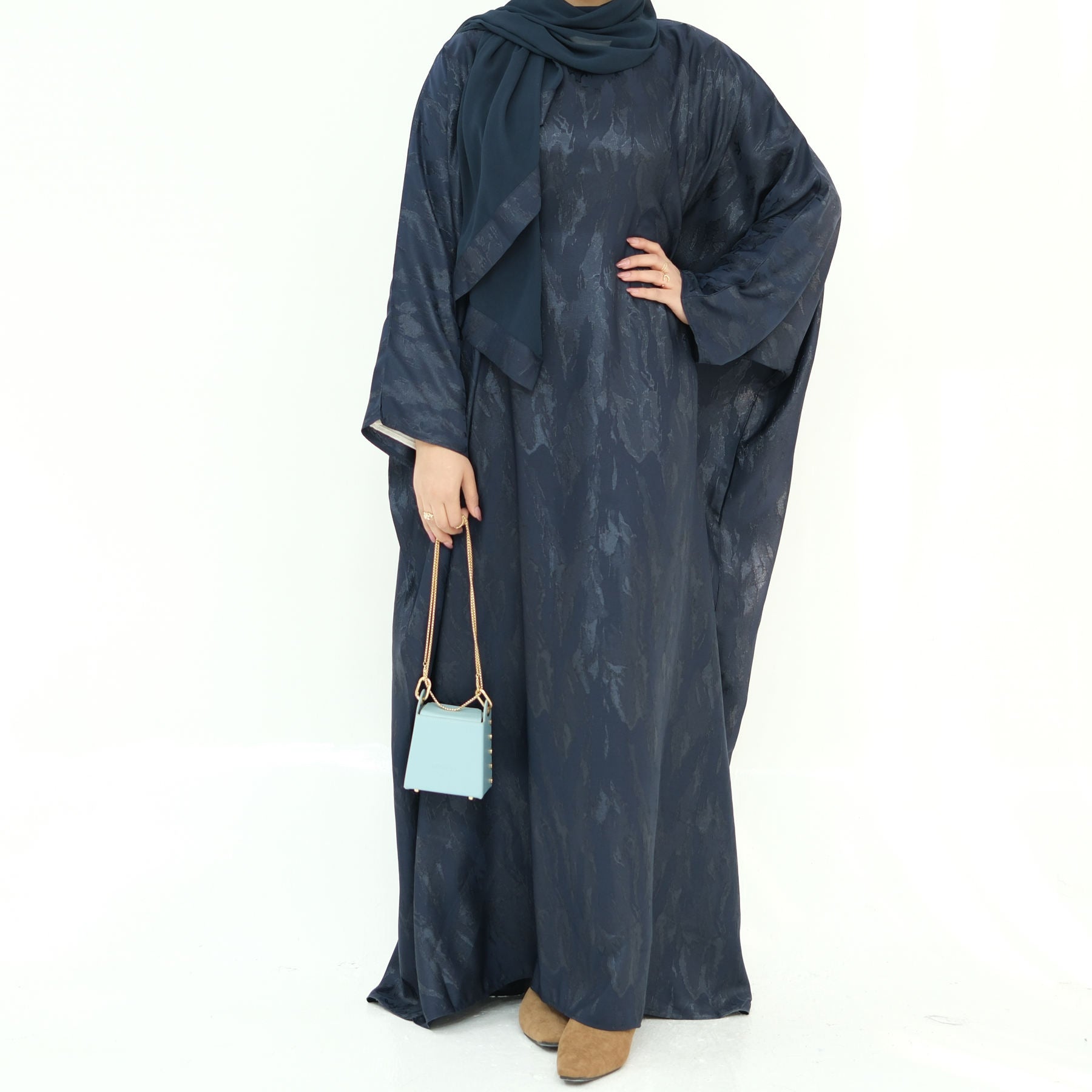 Satin Kaftan Blue Abaya Canada – Elegant Modest Dress with Matching Hijab 