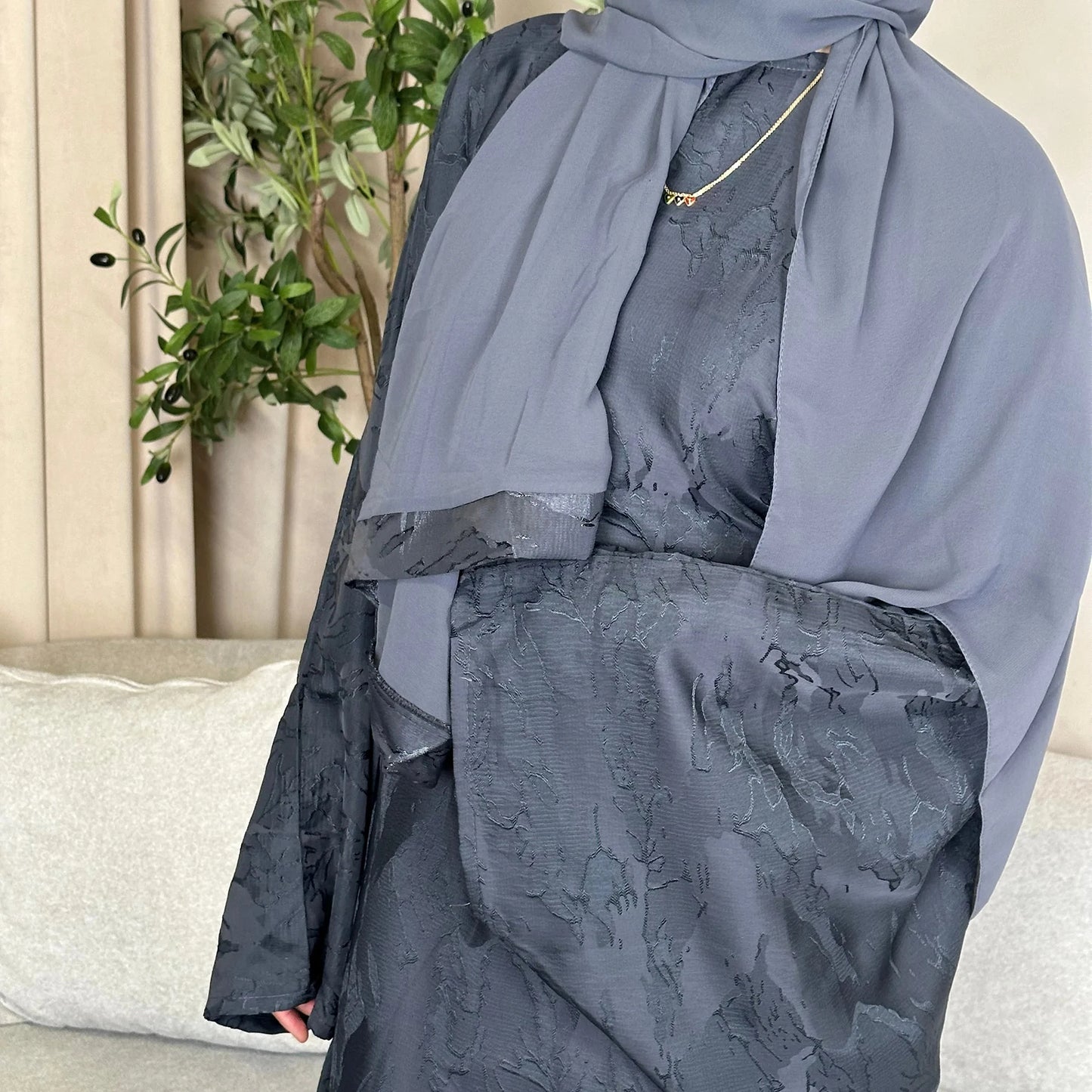 Satin Kaftan Blue Abaya – Elegant Modest Dress with Matching Hijab