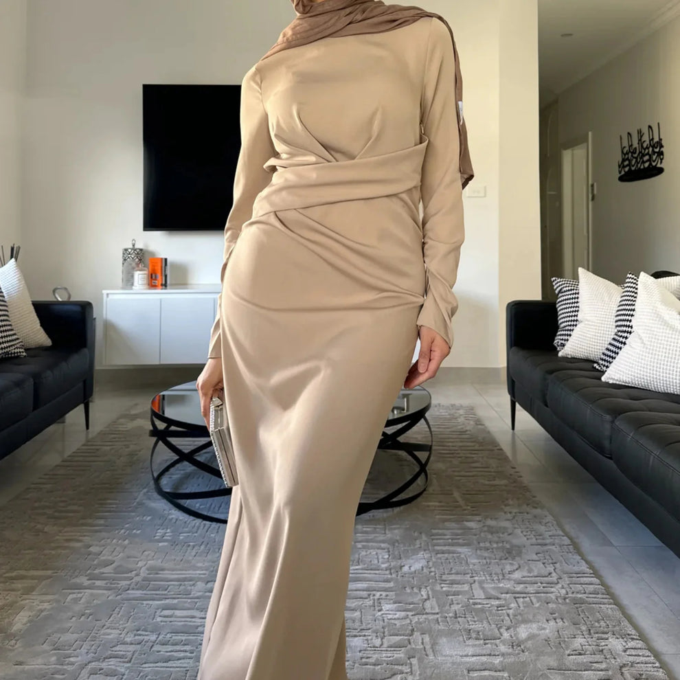 bridesmaid dresses long Velvet ApricotAbaya dress– Modest Elegance with Belt & Split Sleeve Cuffs –  GABAAZ Collection